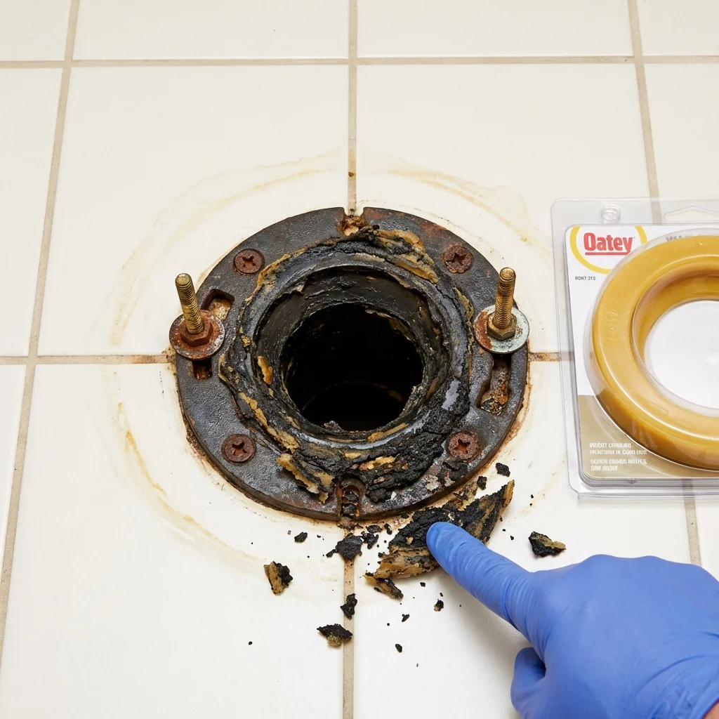 Failed wax ring showing water seepage at the base of a toilet in a Mertzon, TX home