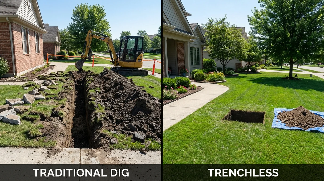 Trenchless sewer repair with minimal yard damage versus traditional excavation in Mertzon, TX