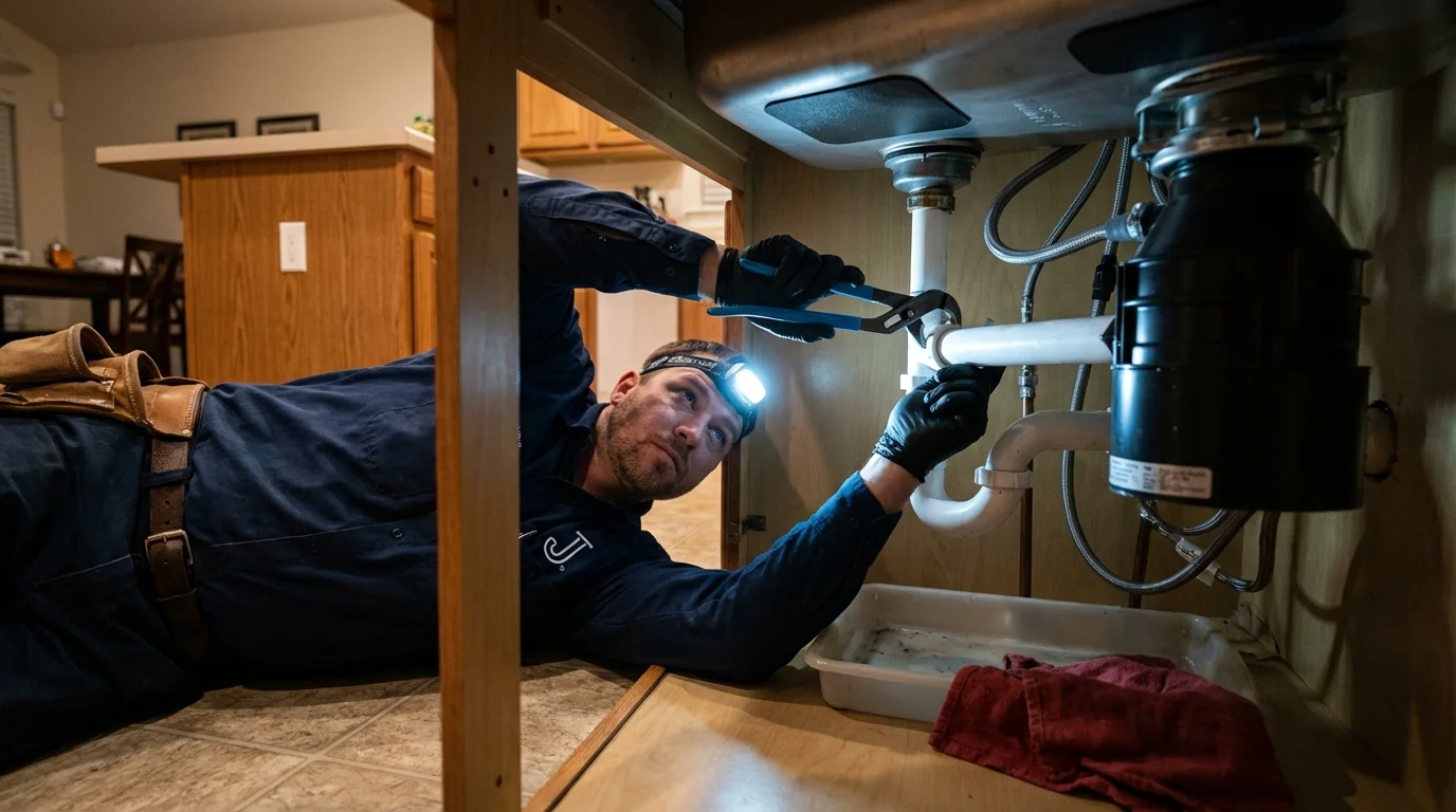 P-trap and supply line connections under a kitchen sink showing a common leak point in Mertzon, TX